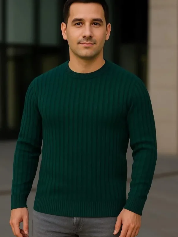 Pánský khaki regular fit žebrovaný cyklistický výstřih triko svetr 1