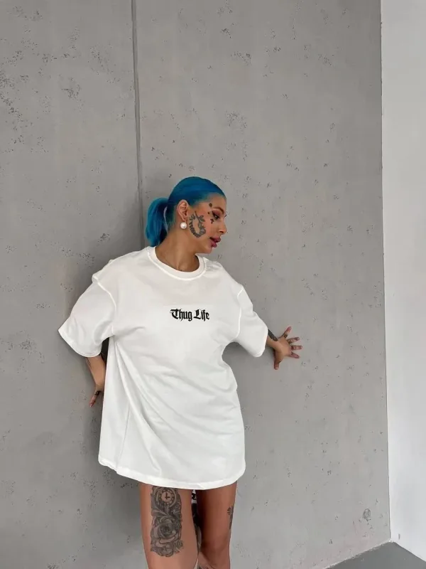 Bluzë për femra e bardhë, oversize, me jakë biçiklete, me printim, verore 2