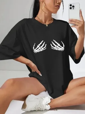 Γυναικείο Μαύρο Oversize Ποδηλατόλαιμο Τυπωμένο Μπλουζάκι