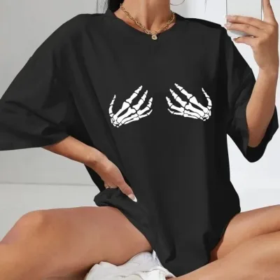 Γυναικείο Μαύρο Oversize Ποδηλατόλαιμο Τυπωμένο Μπλουζάκι 1