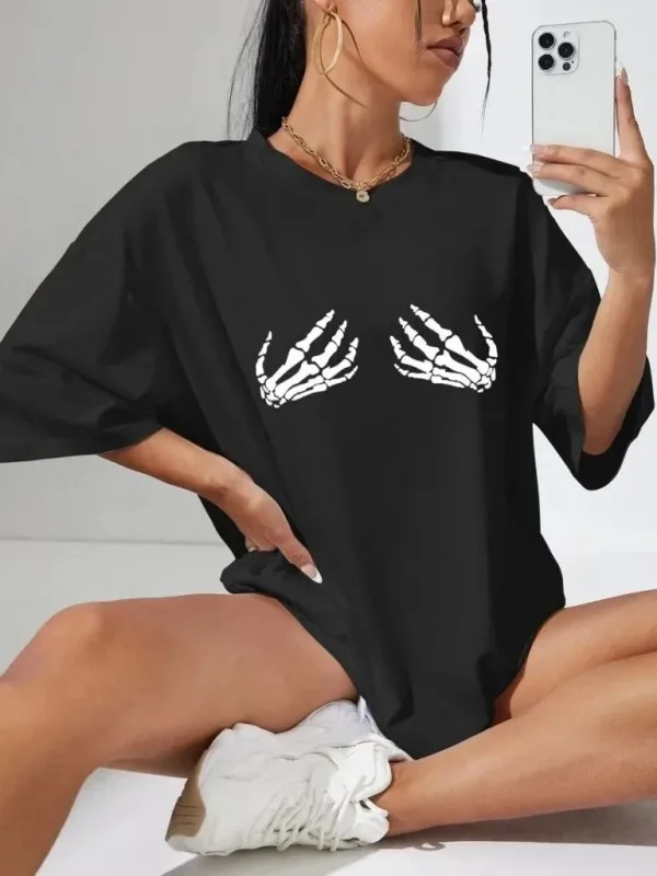 Γυναικείο Μαύρο Oversize Ποδηλατόλαιμο Τυπωμένο Μπλουζάκι 1