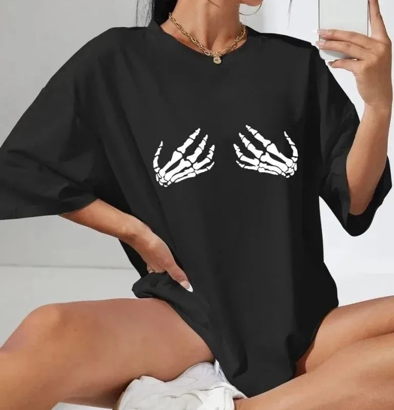 Γυναικείο Μαύρο Oversize Ποδηλατόλαιμο Τυπωμένο Μπλουζάκι