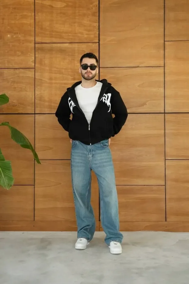 Erkek Siyah Oversize Kapüşonlu 3 İplik Şardonlu Baskılı Fermuarlı Hırka 6