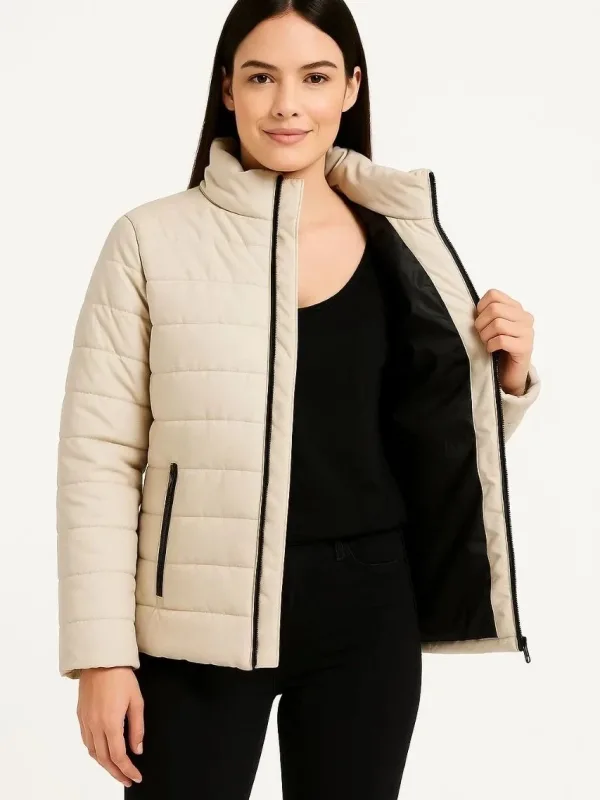 Women's Beige Waterproof Quilted Lined Zippered Bomber Jacket 1