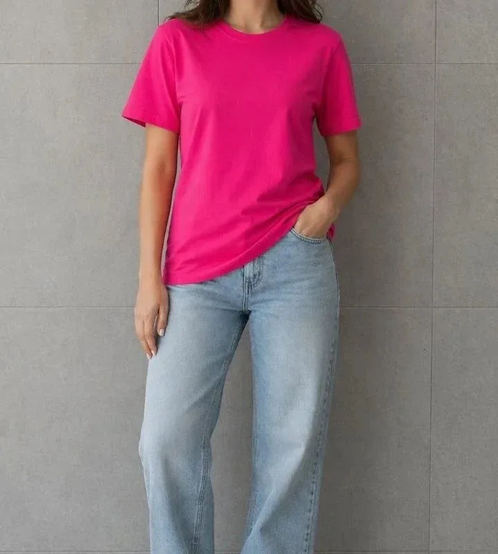 Tîşorta Jinan Fuşya, Relaxed Fit, Stûyê Bisîkletê, Pembû