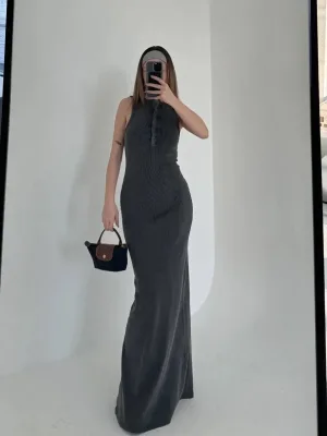 Women's Anthracite Washed Sleeveless Buttoned Slit Detail Long Dress