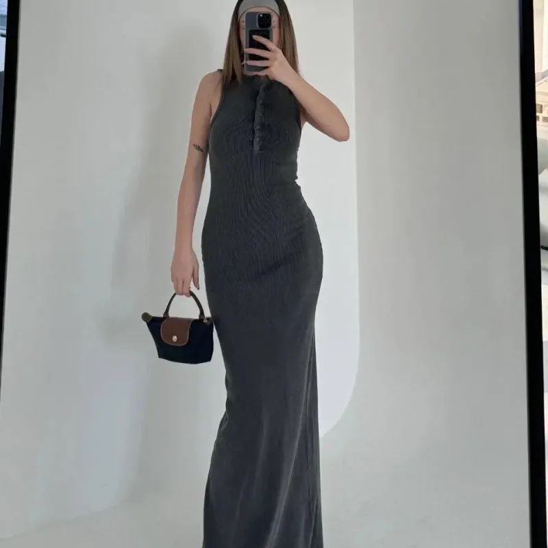Women's Anthracite Washed Sleeveless Buttoned Slit Detail Long Dress