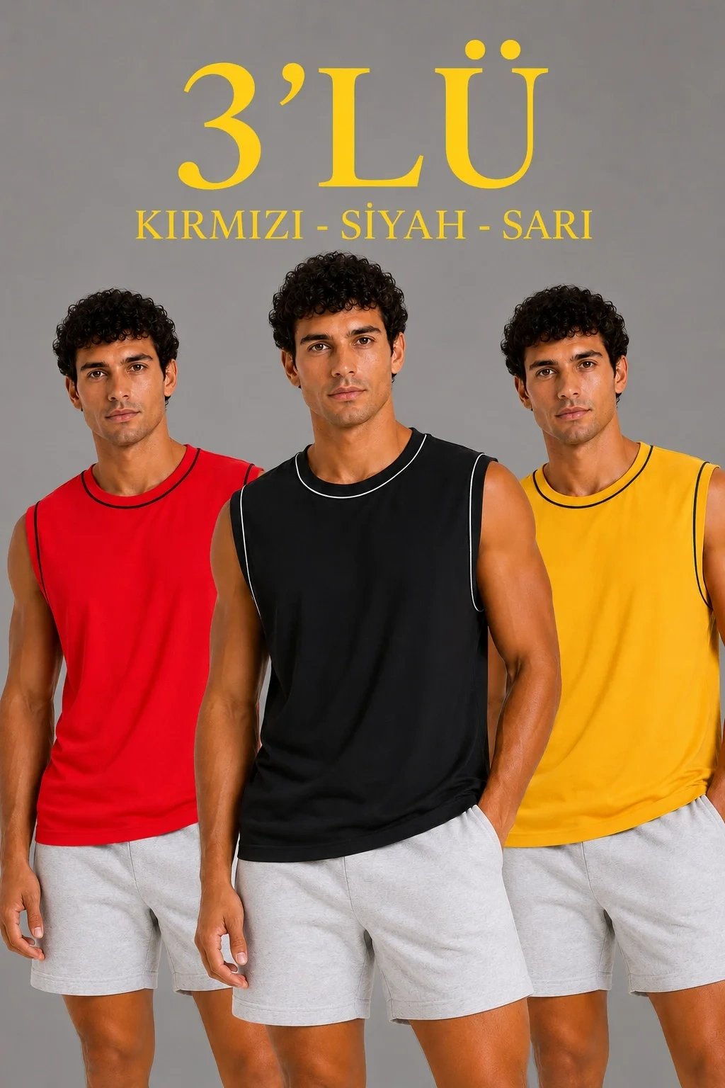 Erkek 3'lü Set Kolsuz Bisiklet Yaka Sporcu Atlet