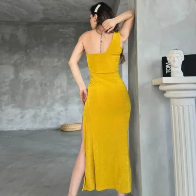 Jedno rame Duboki prorez detalj Buzzy haljina Senf 4