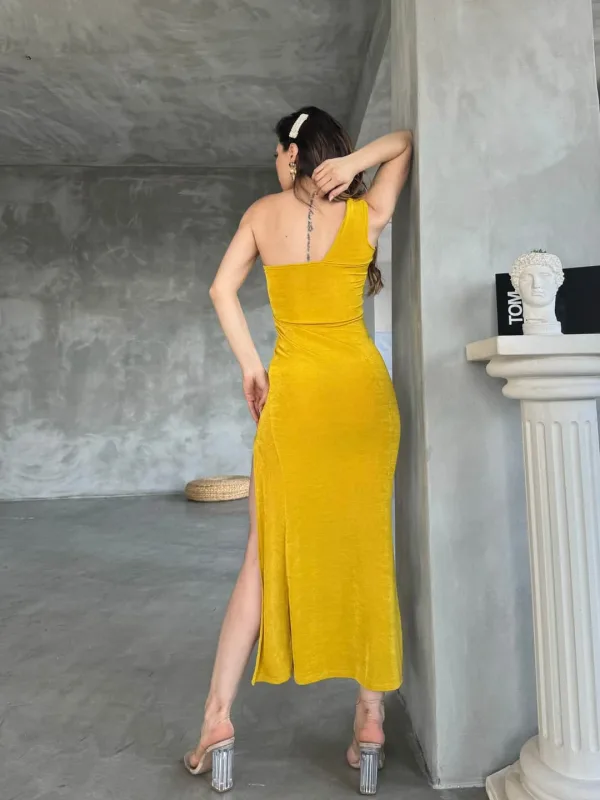 Jedno rame Duboki prorez detalj Buzzy haljina Senf 4