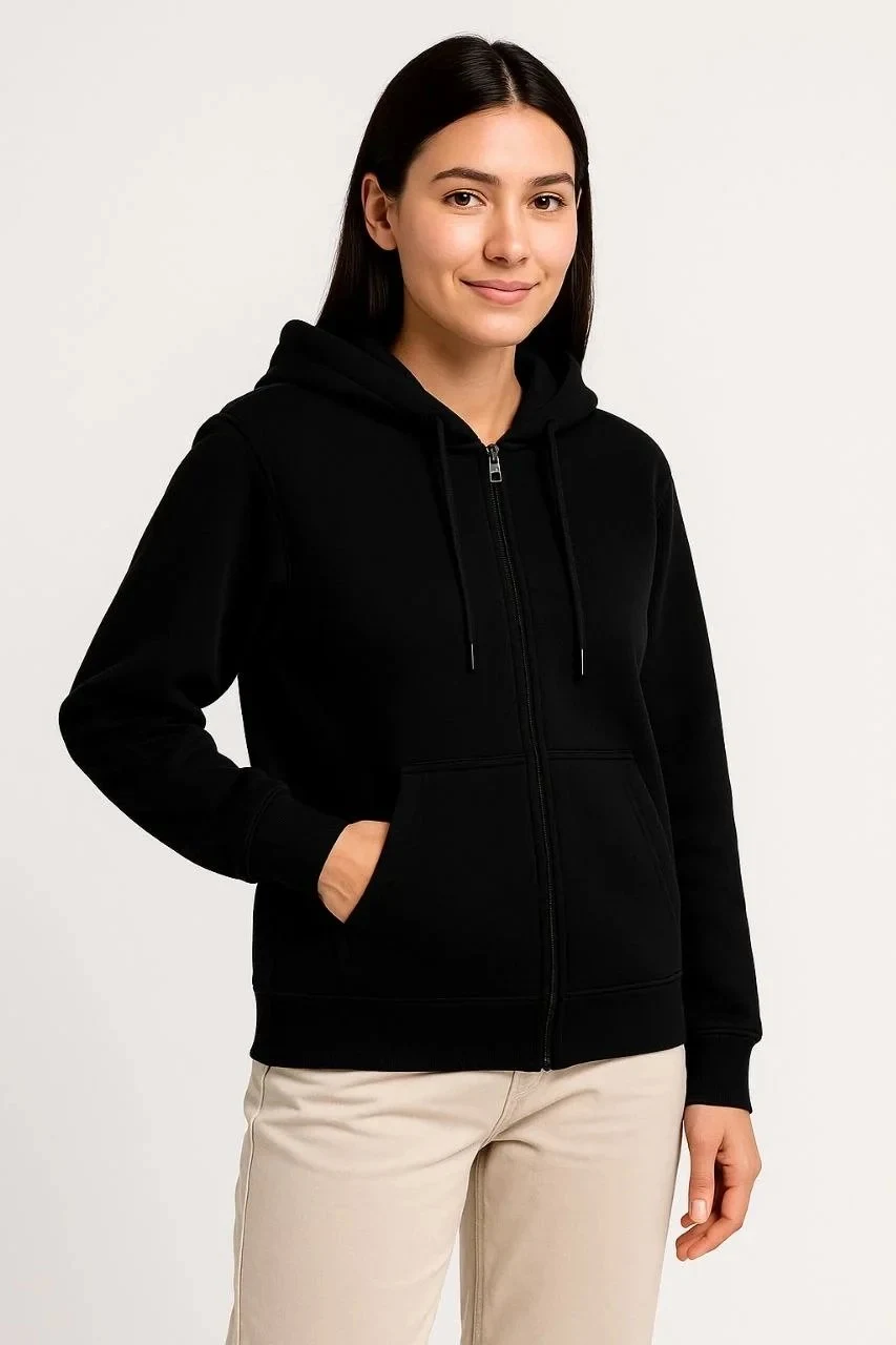 Women's Black Full Zip Hooded 3-Thread Kangaroo Pocket Sweatshirt