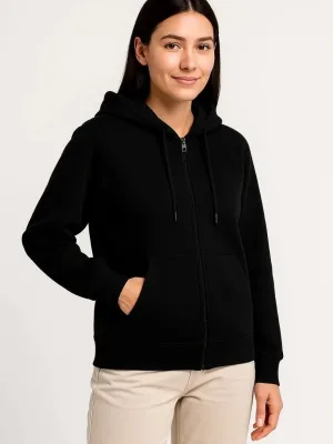 Women's Black Full Zip Hooded 3-Thread Kangaroo Pocket Sweatshirt