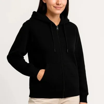 Women's Black Full Zip Hooded 3-Thread Kangaroo Pocket Sweatshirt 1