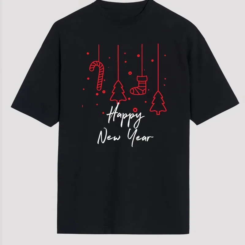 Men's Black Oversize Crew Neck New Year Printed T-Shirt