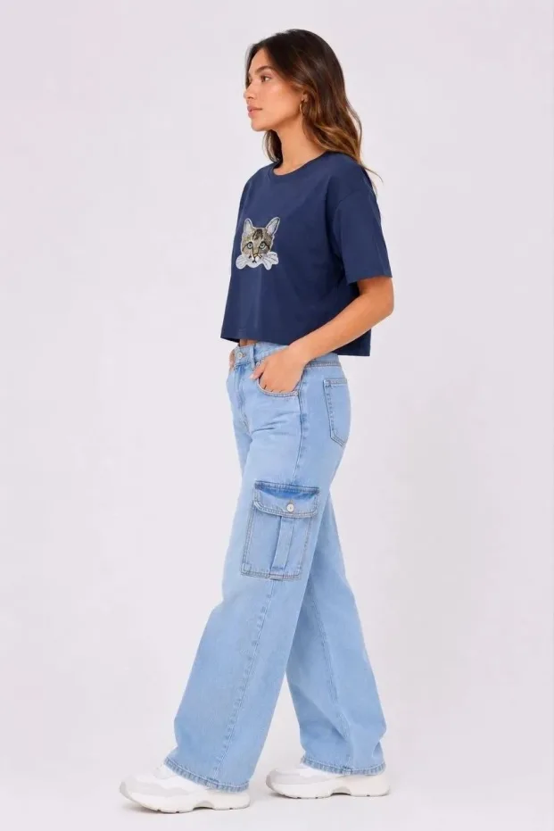 Kadın Lacivert Oversize Kedi Baskılı Yırtmaçlı Crop Tişört 2