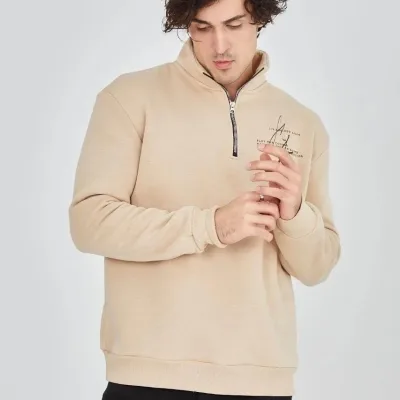 Men's Beige Half-Zip 3-Thread Cotton Printed Sweatshirt 6