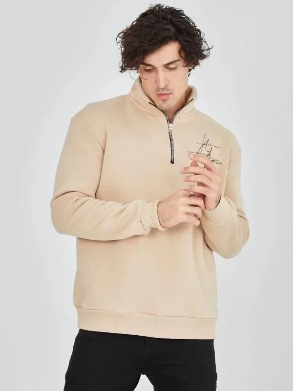 Men's Beige Half-Zip 3-Thread Cotton Printed Sweatshirt 6