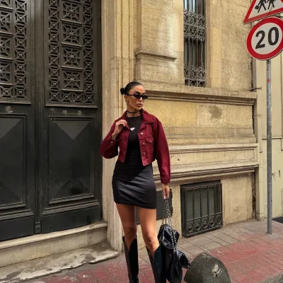 Dvojité kapsy Džínový Crop Kabát Bordeaux 2