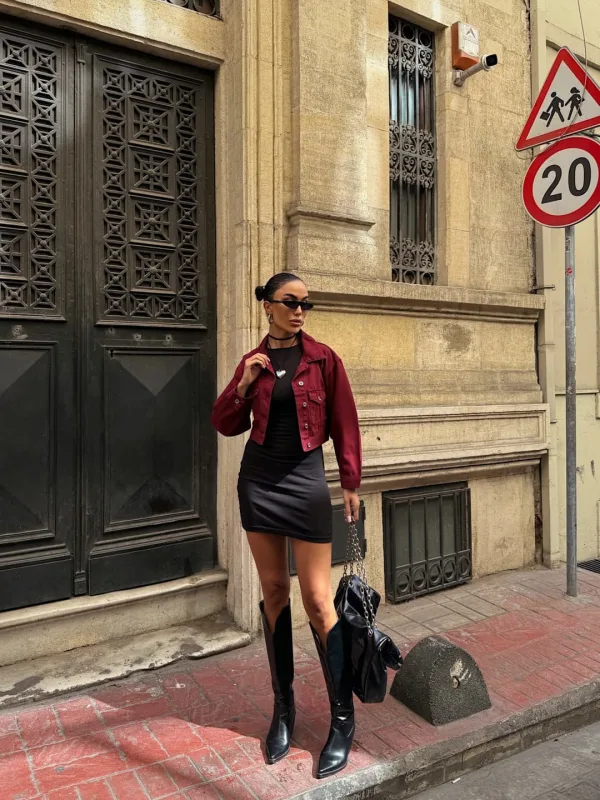 Dvojité kapsy Džínový Crop Kabát Bordeaux 2