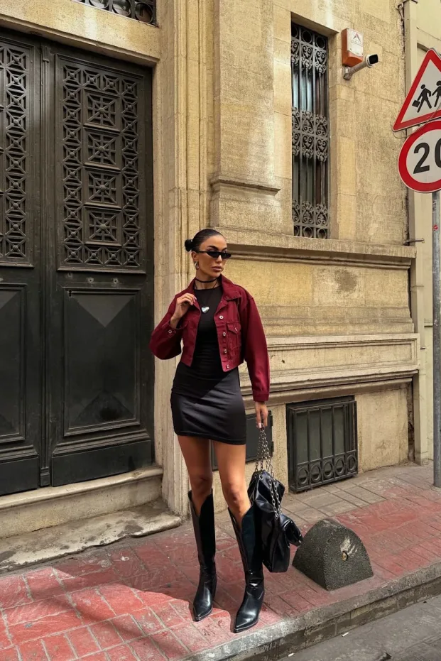 Çift Cep Denim Crop Ceket Bordo 2