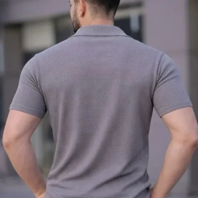 Men's Gray Regular Fit Waffle Fabric Button Open Collar Shirt 3