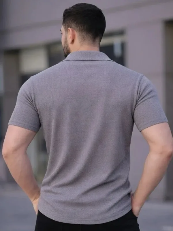 Men's Gray Regular Fit Waffle Fabric Button Open Collar Shirt 3