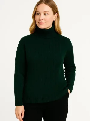 Women Khaki Thick Ribbed Turtleneck Knit Sweater