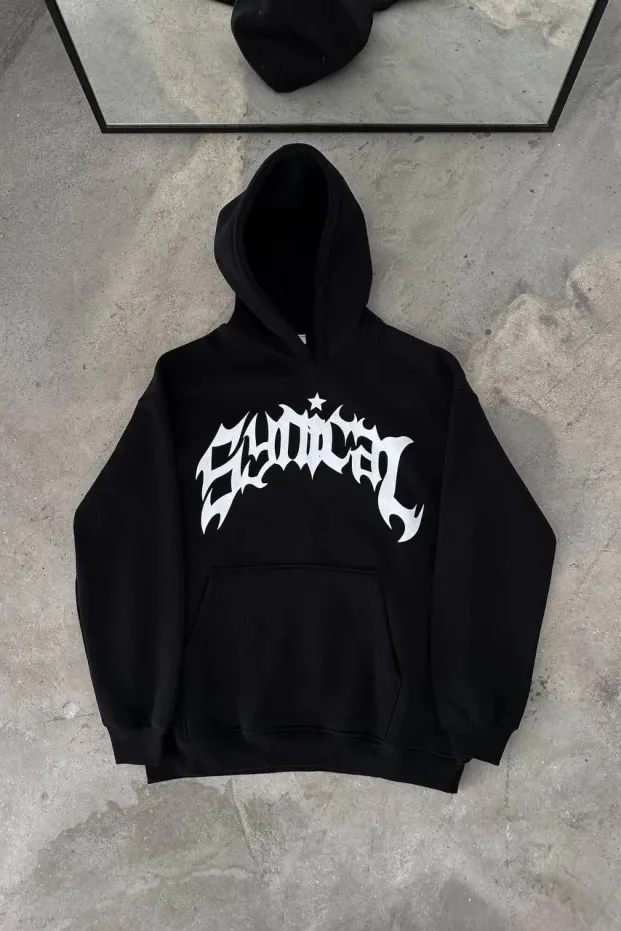 Erkek Siyah 3 İplik Pamuklu Baskılı Kapüşonlu Kanguru Cepli Sweatshirt 1