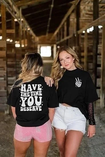 Kadın Siyah Oversize Bisiklet Yaka Baskılı Tişört
