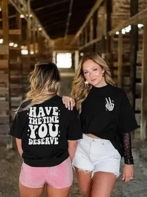 Kadın Siyah Oversize Bisiklet Yaka Baskılı Tişört