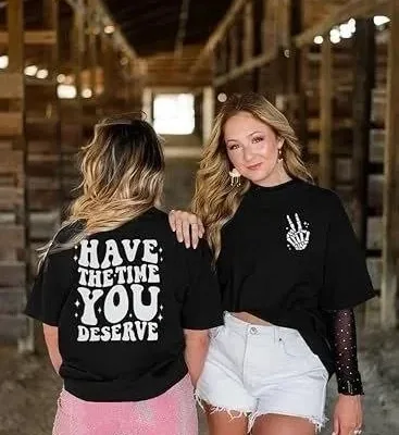 Kadın Siyah Oversize Bisiklet Yaka Baskılı Tişört 1