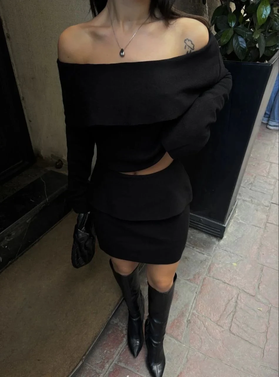Dámský černý straplez carmen výstřih crop pletený set