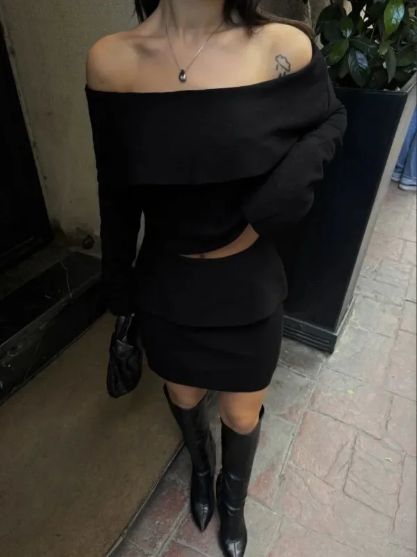 Dámský černý straplez carmen výstřih crop pletený set 1