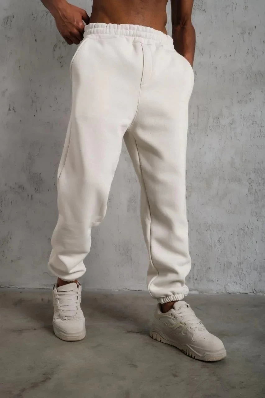 Men's White 3-Thread Cotton Elastic Cuff Sweatpants