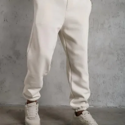 Men's White 3-Thread Cotton Elastic Cuff Sweatpants 1