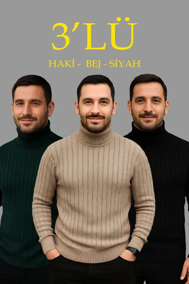 Erkek Siyah Fitilli Balıkçı Yaka 3’lü Triko Kazak Set 1