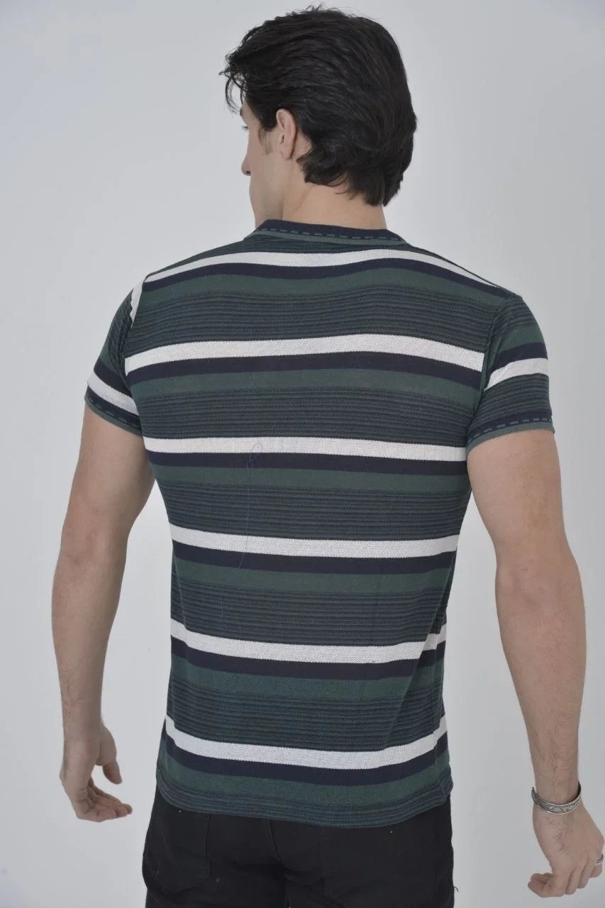 Машки хаки slim fit ткаена пругаста поло јака маица 2