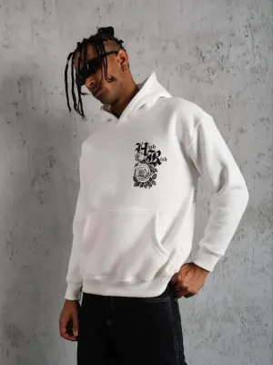 Men's White Oversize 3-Thread Cotton Hooded Printed Pocket Sweatshirt