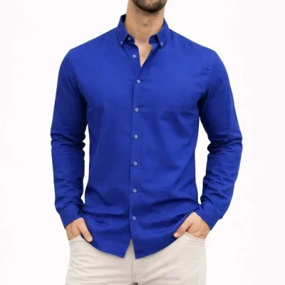 Camașă pentru bărbați, bleumarin, regular fit, din material in, cu mânecă lungă 4
