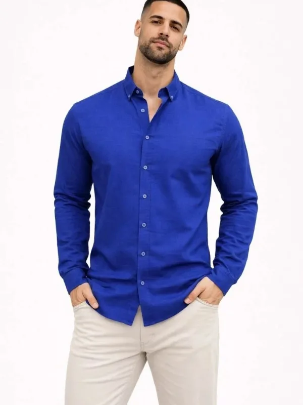 Camașă pentru bărbați, bleumarin, regular fit, din material in, cu mânecă lungă 4