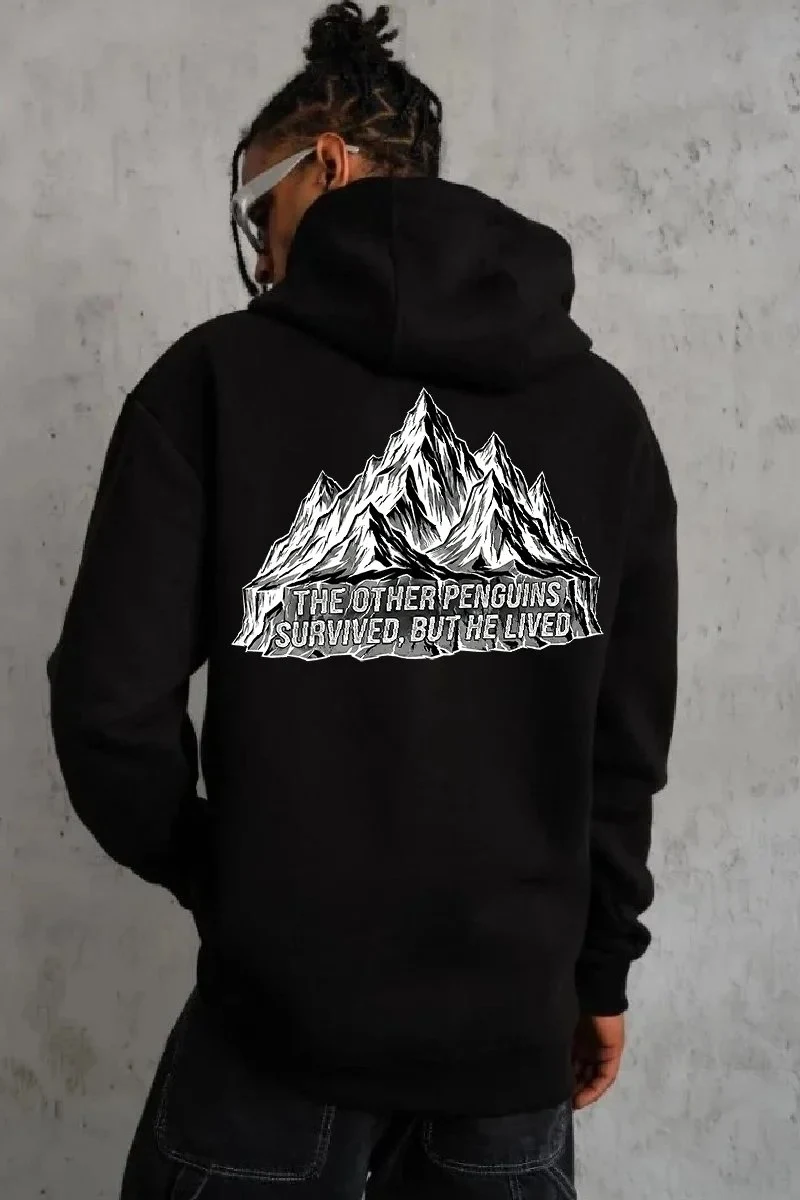 Men's Black 3-Thread Cotton Hooded Penguin Printed Sweatshirt