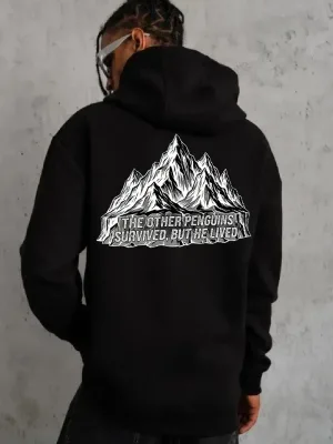 Men's Black 3-Thread Cotton Hooded Penguin Printed Sweatshirt