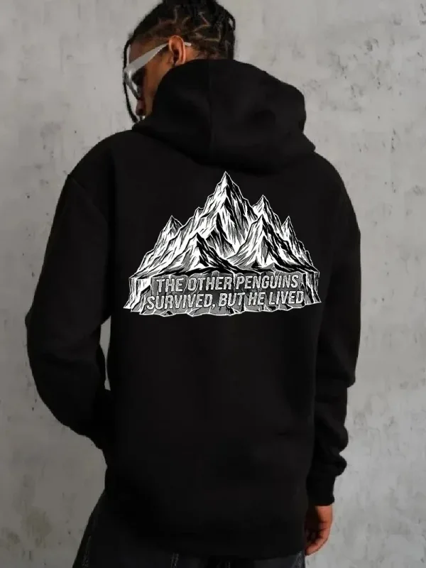 Men's Black 3-Thread Cotton Hooded Penguin Printed Sweatshirt 1
