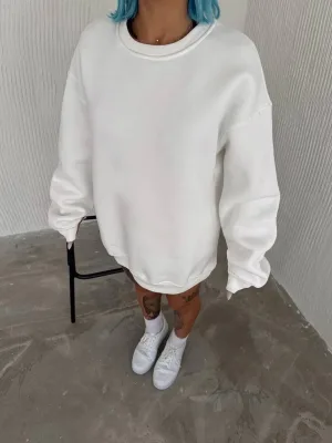 Damski Biały Rowerowy Kołnierz 3-nitkowy Bawełniany Basic Sweatshirt