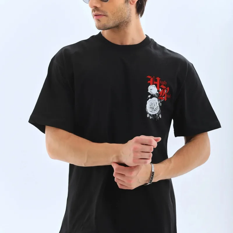 Ανδρικό Μαύρο Oversize Ποδηλατόλαιμο Τυπωμένο T-shirt