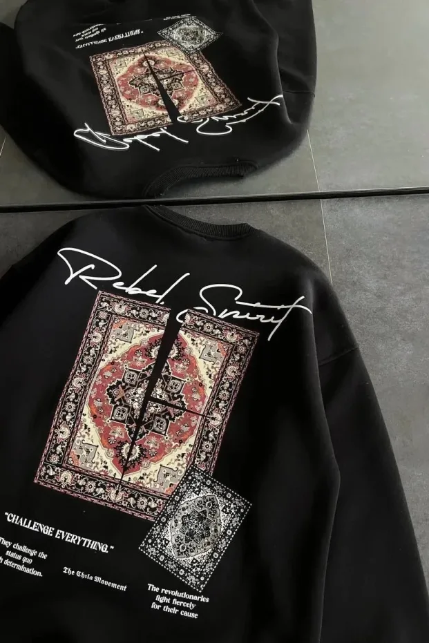Női Fekete Kerékpárnyakú Kilim Nyomott 3 Szálas Pamut Sweatshirt 3