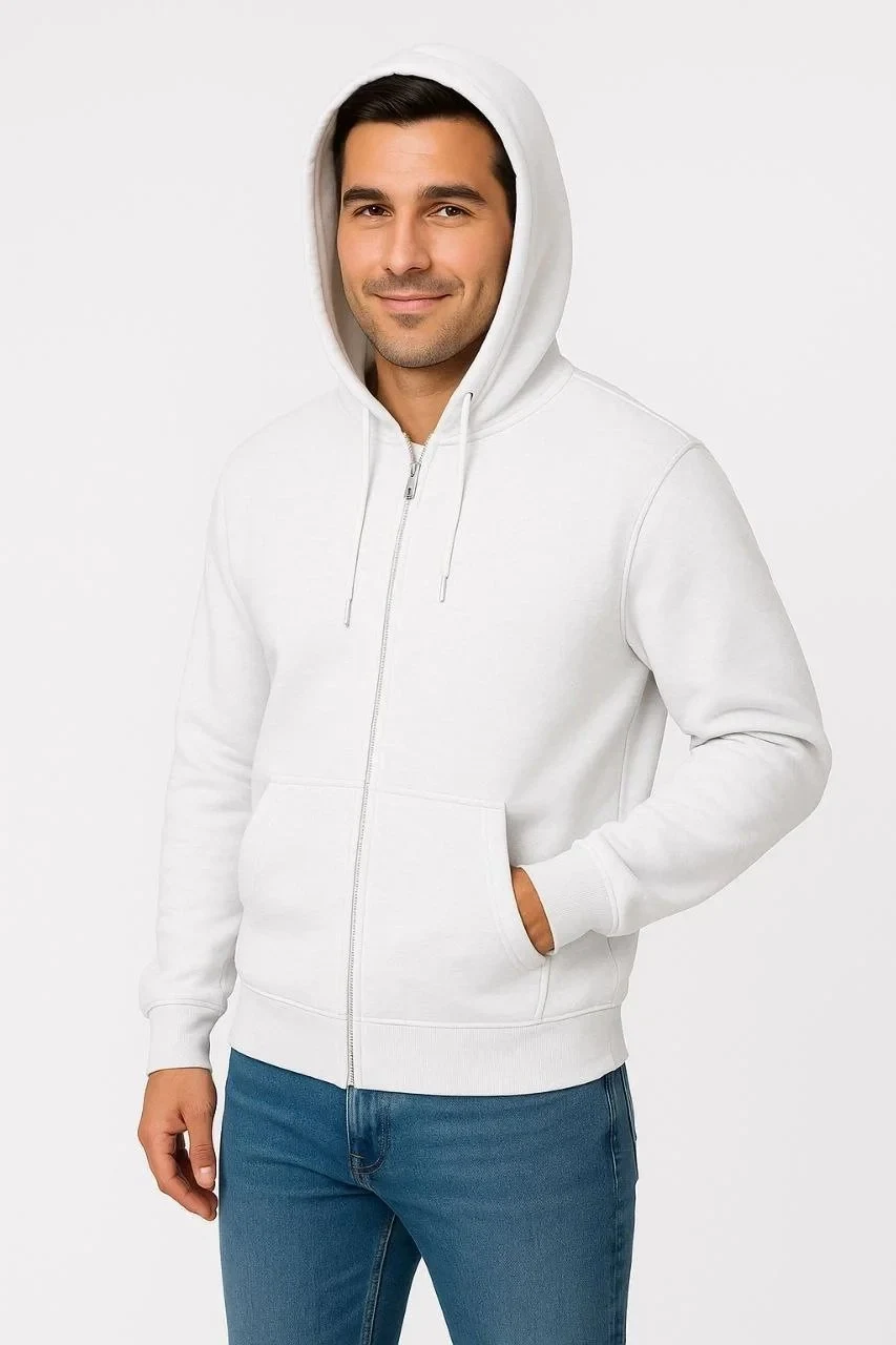 Pánský bílý 3-nitní bavlněný sweatshirt s celo zipem, kapucí a kapsami