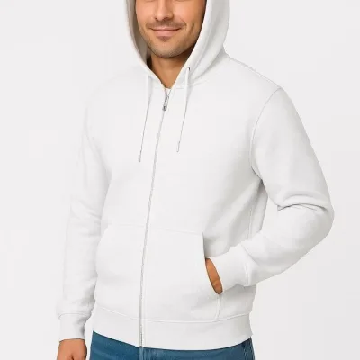 Pánský bílý 3-nitní bavlněný sweatshirt s celo zipem, kapucí a kapsami 1