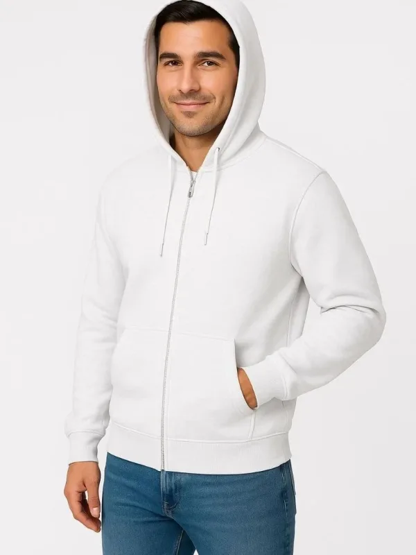 Pánský bílý 3-nitní bavlněný sweatshirt s celo zipem, kapucí a kapsami 1