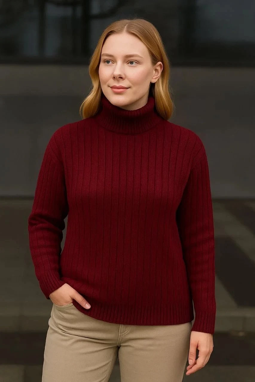 Women Burgundy Thick Ribbed Turtleneck Knit Sweater